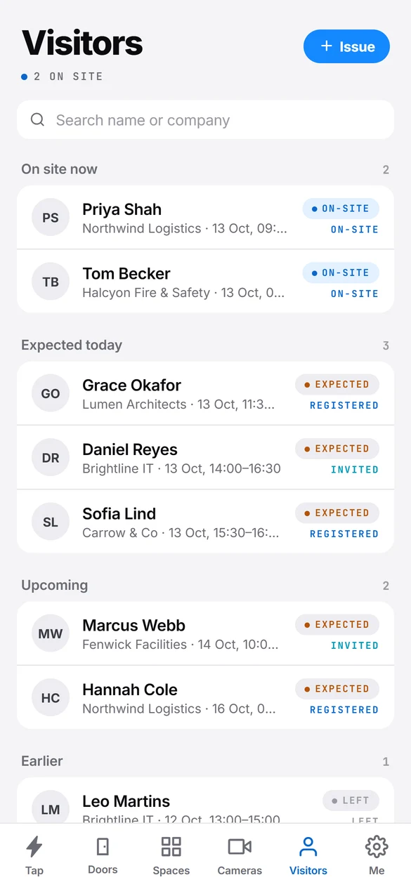 Bolt mobile app: visitors on site, expected today and upcoming.