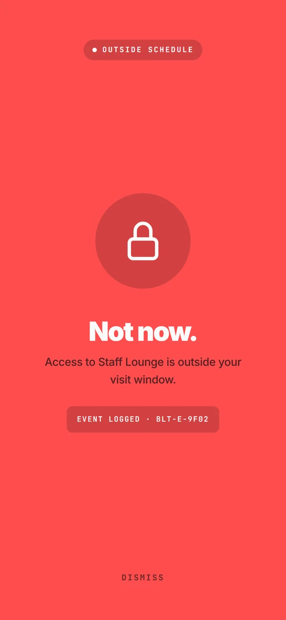 Bolt visitor pass on a phone refusing a door outside the visit window, with the event logged.