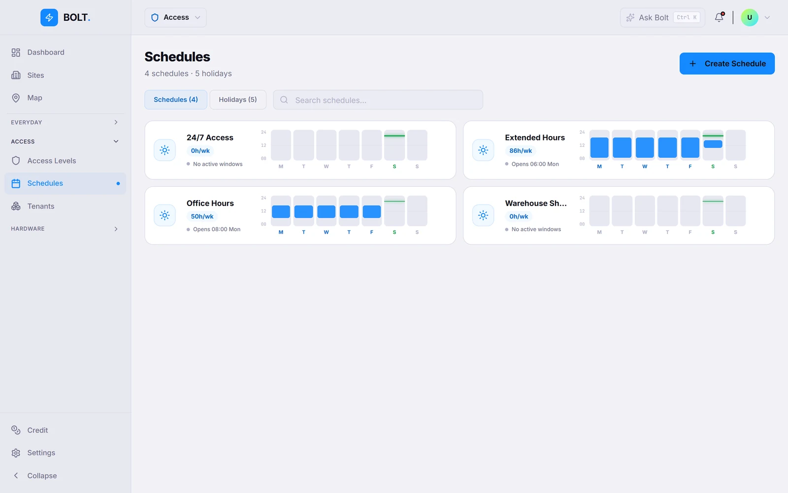 Bolt app schedules: weekly time bands and holidays.