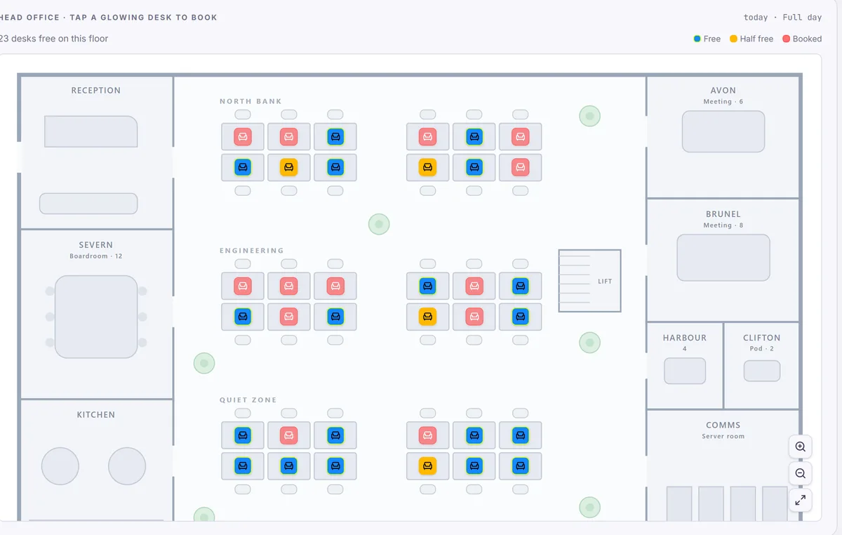 Desk booking on a Head Office floor plan: free, half-free and booked desks by team.