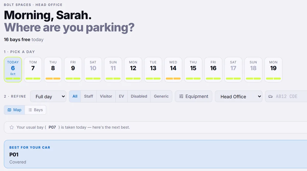 Parking: 16 bays free today, a two-week strip, staff, visitor, EV and disabled bays, and the best bay for your car.