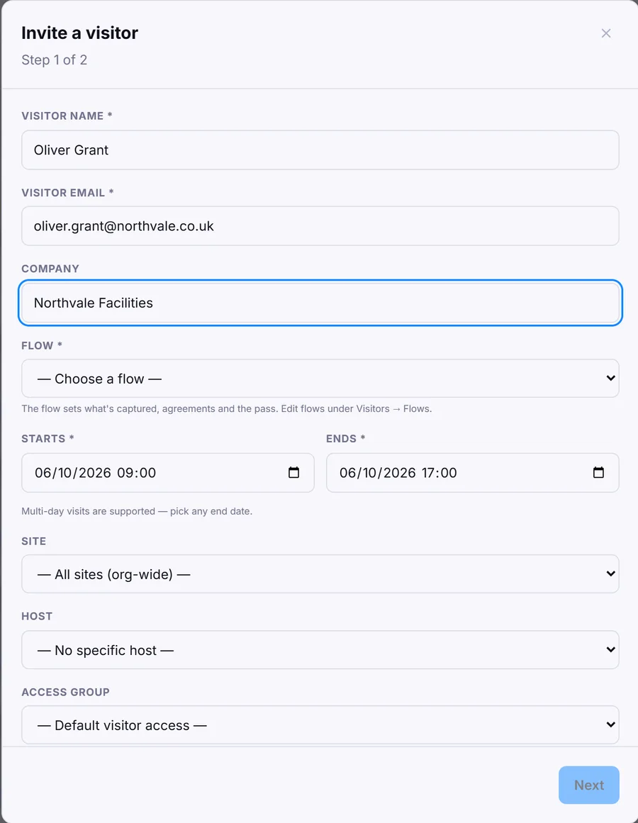 Invite a visitor: name, email, company, flow, start and end, site, host and access group.