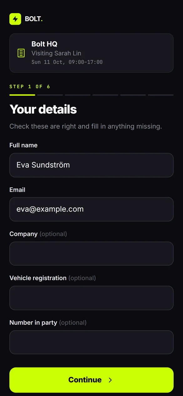 The visitor’s registration form: their details, step one of six.